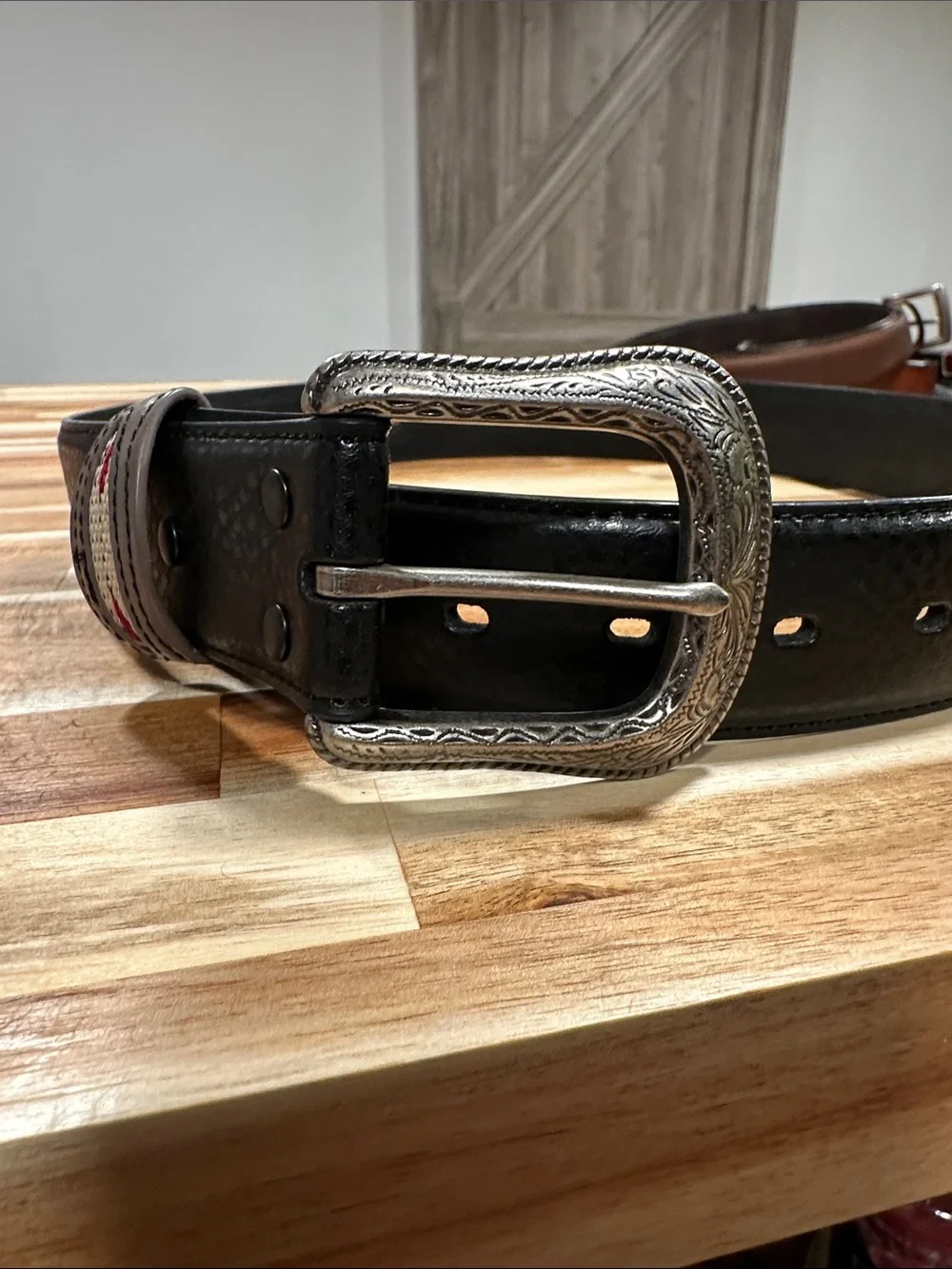 Classic Black Leather Men's Belt with Engraved Silver Buckle 449